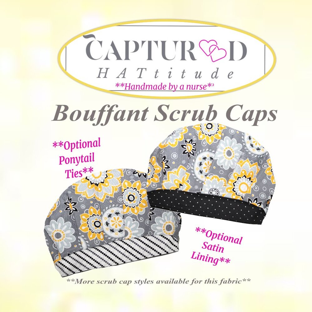 New Bouffant Scrub Cap Golden Bloom Medallions, Handmade - BW dots